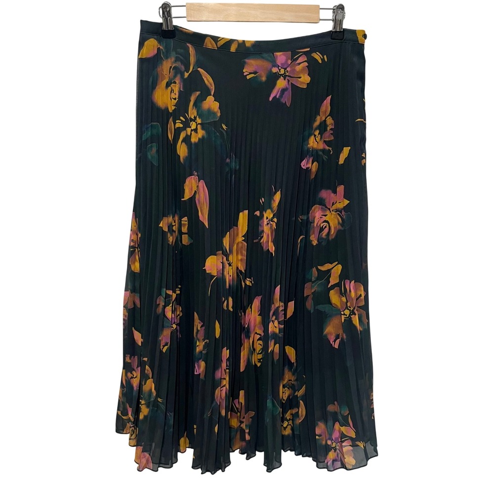 Garnet Hill Pleated Midi Skirt Sz 10 Floral Print Chiffon Dark Green Cottagecore